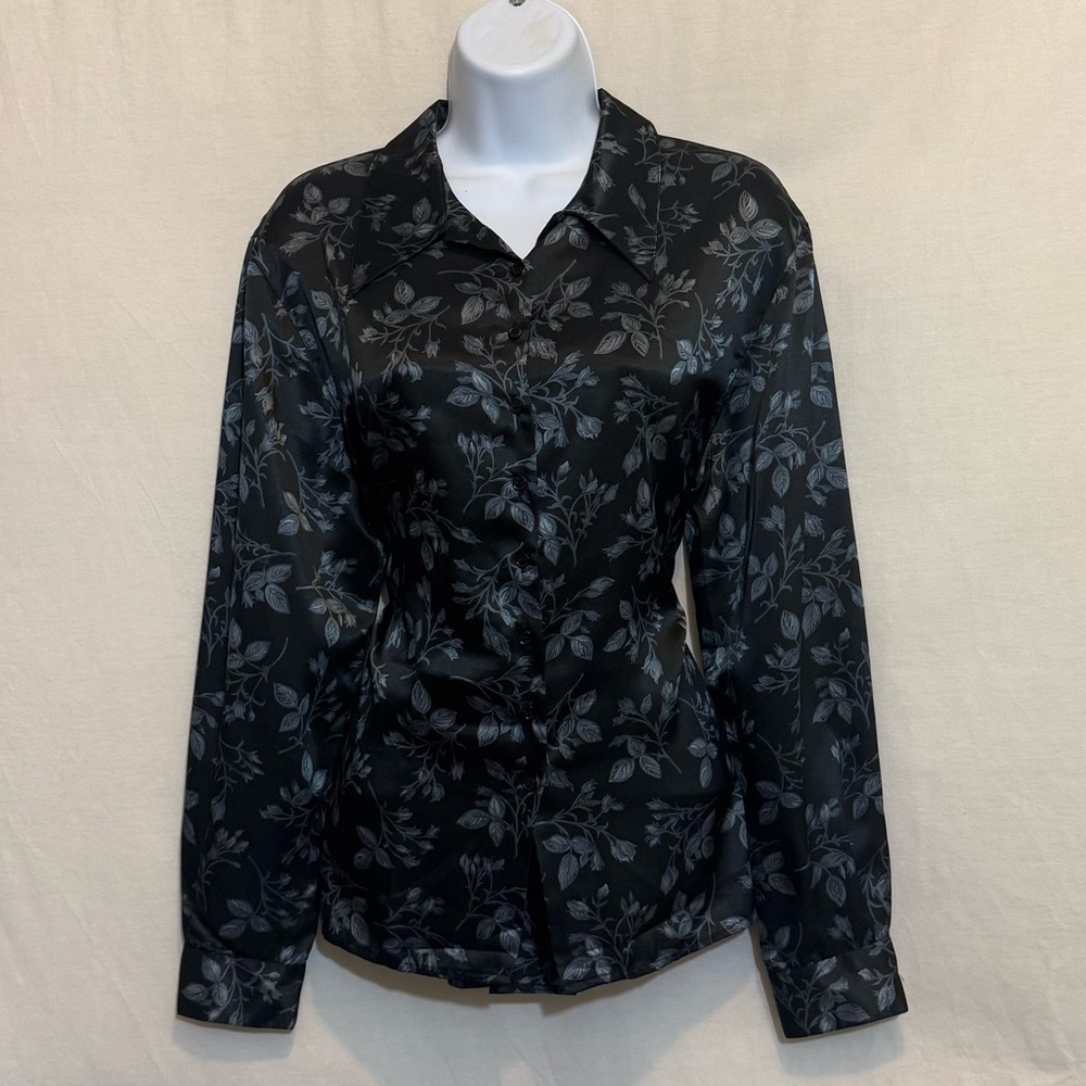 D-91‎ Jones New York Black & Gray Floral Long Sleeve Button Down Blouse Size 12P